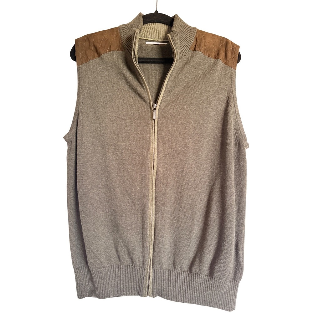 Cabincore Old Money Alex Cannon Med Full Zip Sweater‎ Vest Taupe Shoulder Patch